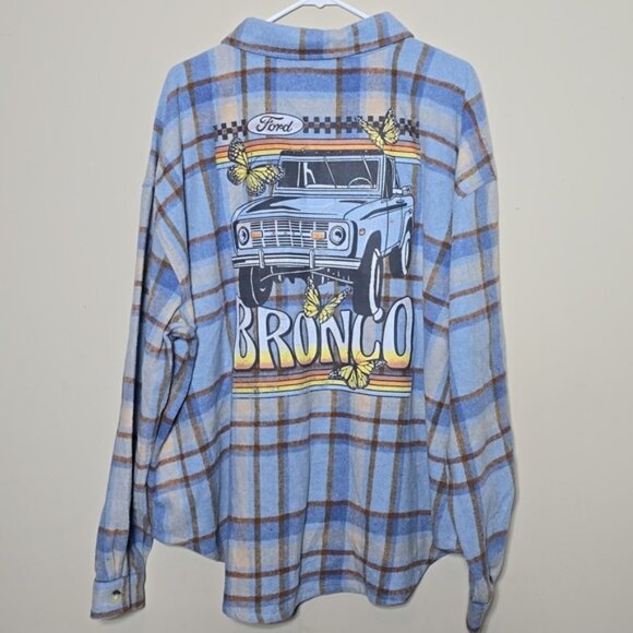 Womens Blue Ford Bronco Oversized Button Down Flannel Long Sleeve Shirt Size 2X - Picture 1 of 9